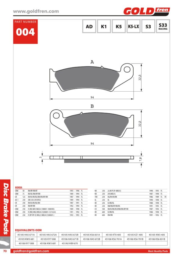 PASTIGLIE FRENO GOLDFREN HONDA CR CRM 125 250 500