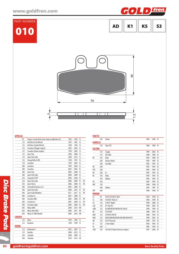 PASTIGLIE FRENO GOLDFREN APRILIA CAGIVA DERBI FANTIC GARELLI GILERA HONDA MALAGUTI MOTO GUZZI SCARABEO SIMSON