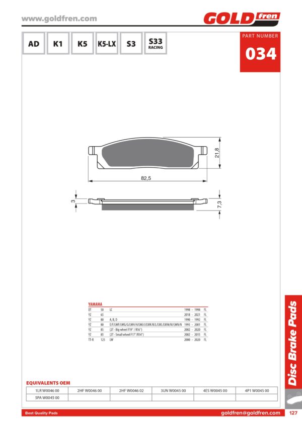 PASTIGLIE FRENO YAMAHA DT 50 YZ 65 80 85 TTR 125