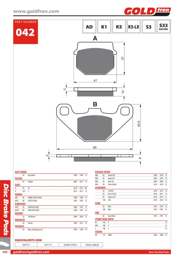 PASTIGLIE FRENO GILERA 50 STALKER KAWASAKI KSR1 50 PIAGGIO NGK 50 SCARABEO 50 SUZUKI AN125 MINI MOTO KZ 140 Z 140