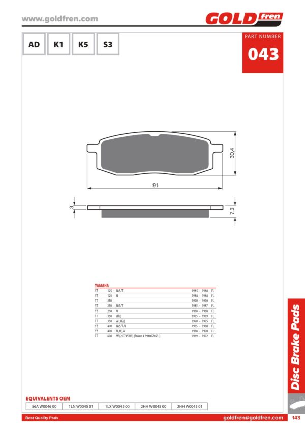 PASTIGLIE FRENO YAMAHA YZ 125 YZ 250 YZ 450 TT 250 TT 350 TT 600