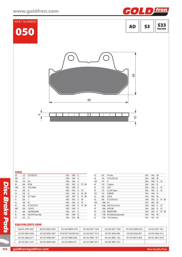 PASTIGLIE FRENO HONDA CB 125 CBX 125 250 CX 500 650 XL 600 CX 650 CB 750 900 1100 CBX 1000 VF 750