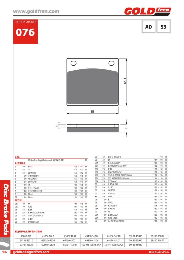 PASTIGLIE FRENO POSTERIORE SUZUKI GSX 400 GS 550 GS 650 GS 700 GS 750 GSX 750 GS 850 GS 1000 GSX 1000 GSX 1100 KATANA GV 1200 MADURA KAWASAKI Z500 Z650 Z1000 Z1300