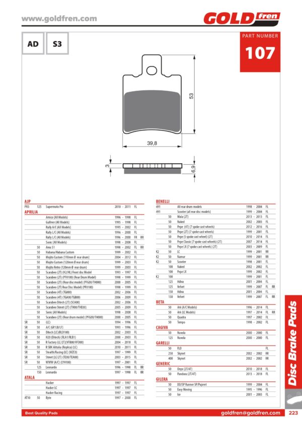 PASTIGLIE FRENO GOLDFREN APRILIA AMICO, GULIVER, SCARABEO, LEONARDO, BENELLI SCOOTER, BETA 50 QUADRA, GARELLI 250 SKYNET, MALAGUTI F10, MALAGUTI F12 PHANTOM, MBK 50 BOOSTER, PIAGGIO ZIP, PIAGGIO NRG, YAMAHA AEROX, YAMAHA NEOS,C YAMAHA MAXAM