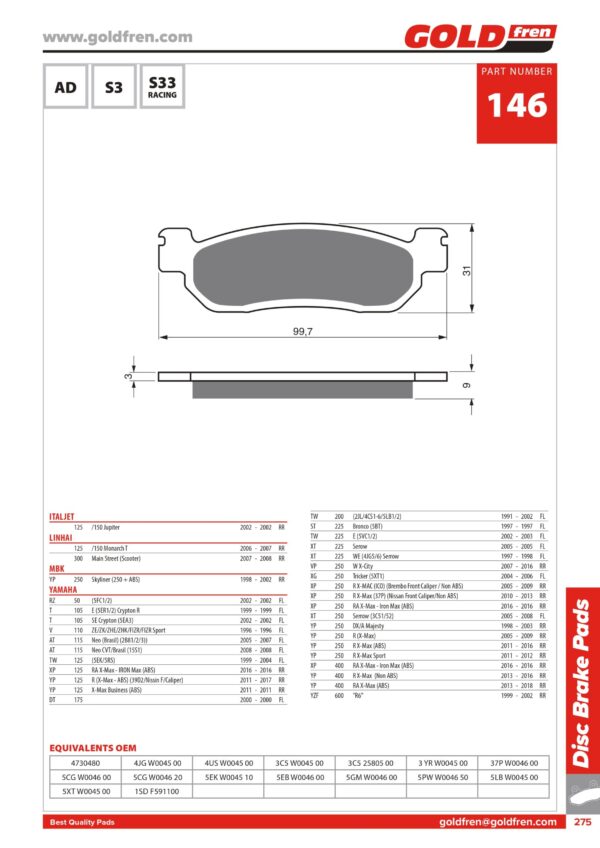 PASTIGLIE FRENI ITALJET 125 150 JUPITER, MBK YP 250 SKYLINER, YAMAHA RZ 50, YAMAHA V 110 SPORT, YAMAHA XP 125 IRON MAX, YAMAHA YP 125 X MAX, YAMAHA 250 X CITY, YAMAHA 250 X MAX, YAMAHA 250 IRON MAX, YAMAHA 400 X MAX, YAMAHA 400 IRON MAX, YAMAHA YZF R6 600