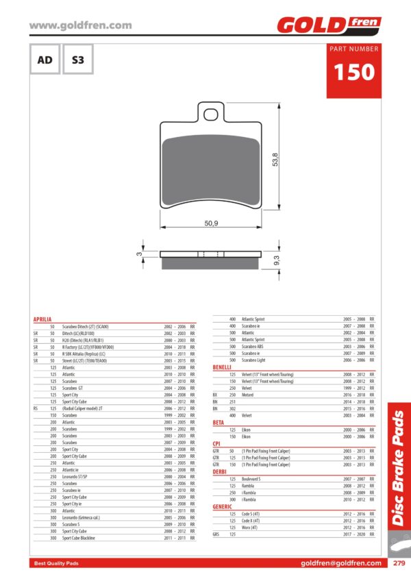 PASTIGLIE FRENI APRILIA 50 SCARABEO, APRILIA SR 50 FACTORY, APRILIA SR 50 STREET, APRILIA 50 ALITALIA, APRILIA 125 ATLANTIC, APRILIA 125 SCARABEO, APRILIA 200 SCARABEO, APRILIA 250 SCARABEO, APRILIA 250 LEONARDO, APRILIA 200 250 300 SPORT CITY, APRILIA 300 SCARABEO, APRILIA 400 SCARABEO, APRILIA 500 SCARABEO, 400 500 ATLANTIC, BENELLI 125 VELVET, BENELLI 125 VELVET, BENELLI 250 MOTARD, BENELLI 400 VELVET, BETA 125 150 EIKON, DERBI 125 250 300 RAMBLA, HYOSUNG 250 NAKED, HYOSUNG GT 650, KEWWAY 125 CITYBLADE, 200 FACTORY, MALAGUTI, 125 MADISON, MALAGUTI 125 150 WARRIOR, MALAGUTI 150 250 400 MADISON, MALAGUTI 300 SCARABEO, MALAGUTI 500 SPIDERMAX, SCARABEO 125 200 300 500 NET,