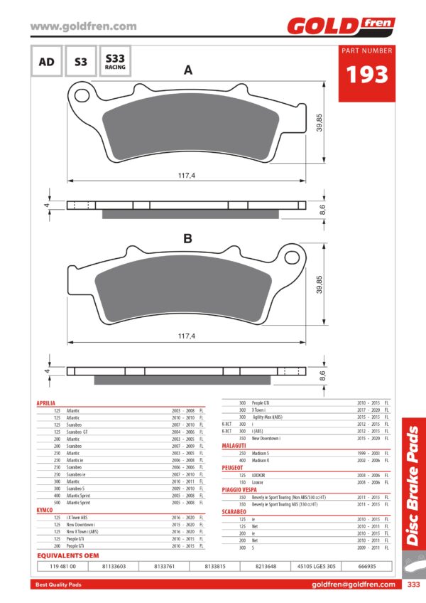 PASTIGLIE FRENI APRILIA 125 ATLANTIC, APRILIA 125 SCARABEO, APRILIA 200 SCARABEO, APRILIA 200 ATLANTIC, APRILIA 250 SCARABEO, APRILIA 250 ATLANTIC, APRILIA 300 SCARABEO, APRILIA 300 ATLANTIC, KYMCO 125 XTWM, KYMCO 125 PEOPLE, KYMCO 125 DOWNTOWN, KYMCO PEOPLE GTI, KYMCO 300 XTOWN, KYMCO 300 AGILITY, KYMCO 350 NEW DOWNTOWN, PIAGGIO 350 BEVERLY,