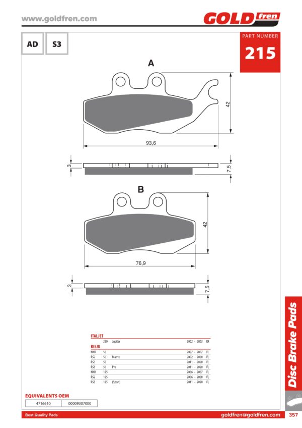 PASTIGLIE FRENI ITALJET 250 JUPITER, RIEJU NKD 50 125, RIEJU RS2 RS3 50 PRO MATRIX, RIEJU RS2 RS3 125 SPORT,