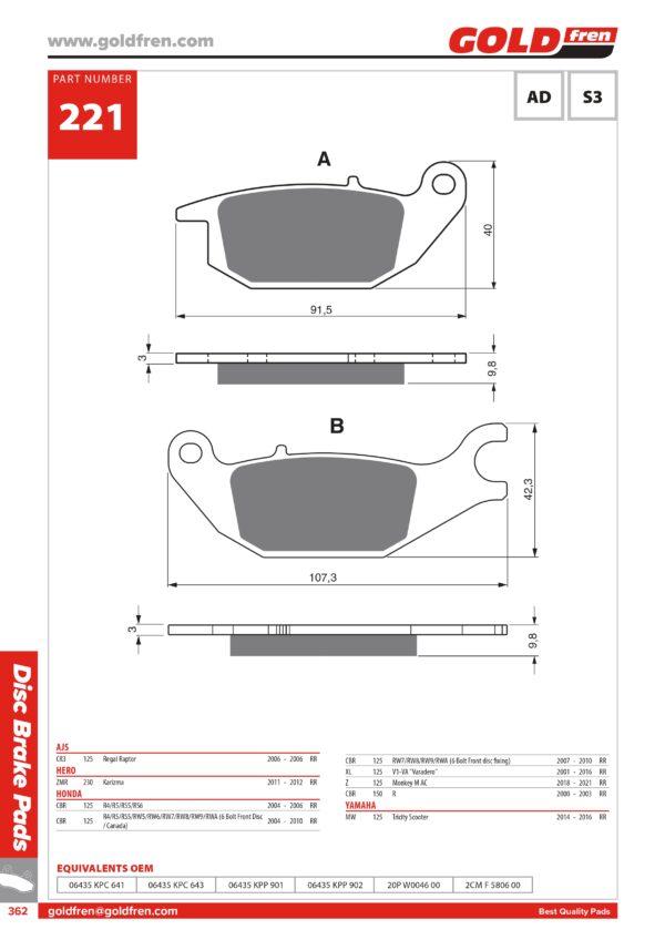 PASTIGLIE FRENI HONDA CBR 125, HONDA XL 125 VARADERO, HONDA Z 125 MONKEY, YAMAHA MW 125 TRICITY, AJS 125 REGAL RAPTOR