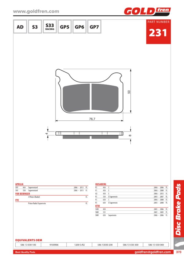 PASTIGLIE FRENI PINZA BERINGER PER KTM, HUSQVARNA, HONDA, APRILIA, SUPERMOTO, MOTARD, SUPERMOTARD