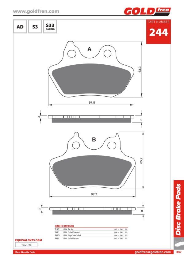 PASTIGLIE FRENI HARLEY DAVIDSON 1584 FAT BOY, HARLEY DAVIDSON 1584 SOFTAIL, HARLEY DAVIDSON 1584 NIGHT TRAIN,