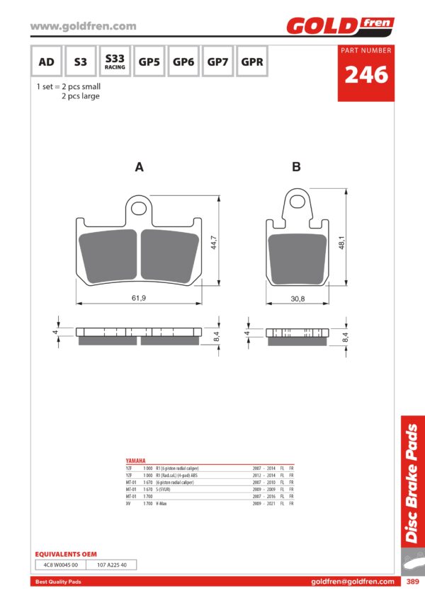 PASTIGLIE FRENI MOTO, PISTA, RACING, YAMAHA YZF R1 1000, YAMAHA MT 01 1670, YAMAHA MT01 1700, YAMAHA XV 1700 V MAX