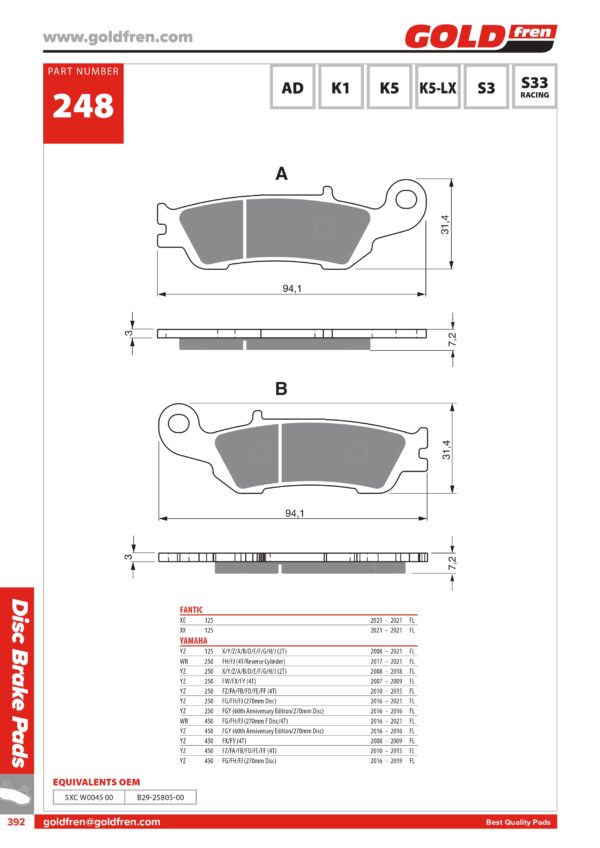 PASTIGLIE FRENI FANTIC XE XX 125, YAMAHA YZ 125, YAMAHA WR 250 450, YAMAHA YZ 250, YAMAHA YZ 450