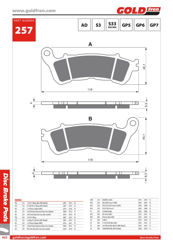 PASTIGLIE FRENI HONDA SH 125, HONDA SH 150, HONDA CBR 250, HONDA NSS 250300, HONDA SH 300, HONDA CBF 600, HONDA VT 750, HONDA NC NT 700, HONDA VFR 750, HONDA CBF 1000, HONDA CB 1100, HONDA VT 1300, HONDA GL 1800 GOLDWING, SUZUKI 125 BURGMAN, SUZUKI 125 SIXTEEN, SUZUKI 200 BURGMAN, SUZUKI 1800 INTRUDER, SUZUKI VLR 1800