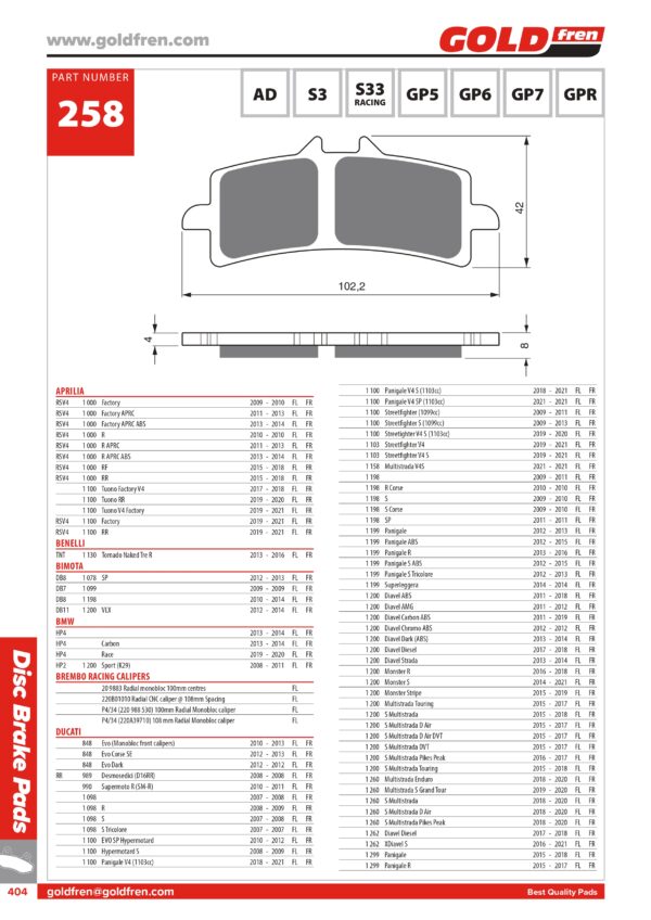 PASTIGLIE FRENI BREMBO APRILIA, RSV4 1000, APRILIA 1100 TUONO, BIMOTA 1078 1099 1198 1200, BMW HP4, DUCATI 848, DUCATI 1098, DUCATI 1100 HYPERMOTARD, DUCATI 1100 PANIGALE, DUCATI 1299 PANIGALE, DICATI SUPERLEGGERA, HONDA CBR 1000 FIREBLADE, HUSQVARNA 900 NUDA, KAWASAKI 1000 NINJA, KAWASAKI Z 1000, KTM RC8 1190, KTM SMR 450 990 690 SUPERMOTO, KTM 1290 SUPER DUKE, SUZUKI GSXR 600, SUZUKI GSX 1000 KATANA, SUZUKI GSX R S 1000, SUZUKI GSX R 1300 HAYABUSA