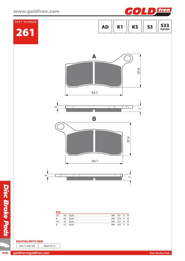 PASTIGLIE FREN KTM SXF 450 505 QUAD, KTM XC 450 525 QUAD,