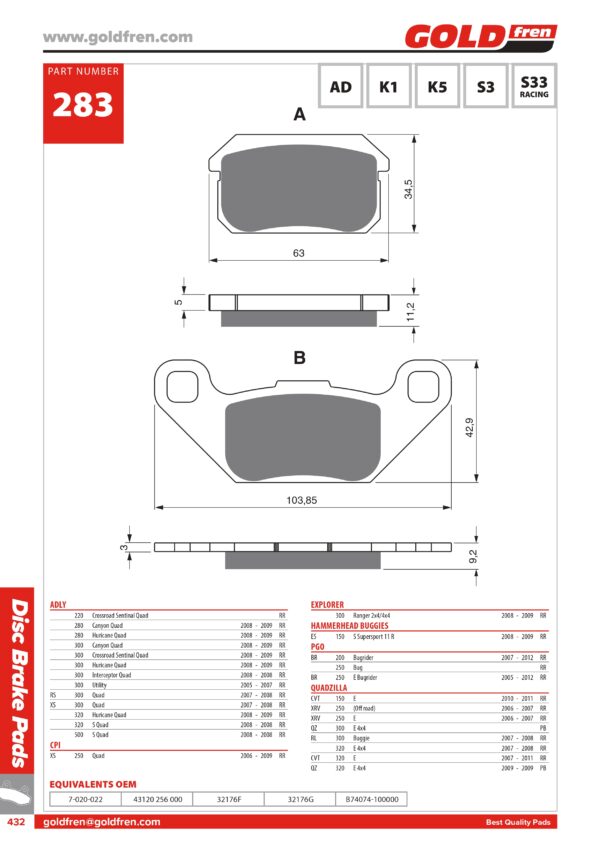 PASTIGLIE FRENI QUAD ADLY CROSSROAD, ADLY CANYON, ADLY HURICANE, ADLY INTERCEPTOR, PGO 250 BUGRIDER, QUADZILLA 300 BUGGIE, QUADZILLA 4X4, EXPLORER 300 RANGER 2X4 4X4,