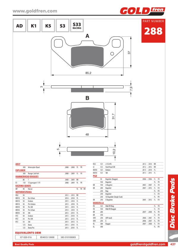 PASTIGLIE FRENI ADLY 330INTERCEPTOR, EXPLORER 300 RANGER, MOTORHISPANIA 50 PRO ENDURO SM URBAN, MOTORHISPANIA 125 DUMA, PGO 50 150 200 250 BUGRIDER BUG, QUADZILLA 125 150 200 250 300 BUGGIE,