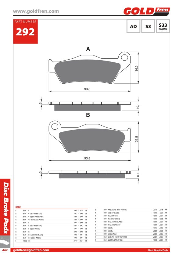 PASTIGLIE FRENI BMW F 800 R, BMW 850 GS, BMW R 850 RT, BMW S 1000 XR, BMW 1100 GS, BMW R 1100, BMW 1150 GS, BMW 1150 ROCKSTER, BMW 1200 ENDURO, BMW 1200 SPORT , BMW 1200 GS, BMW 1200 NINE, BMW 1300 GS, BMW 1300 GT, BMW 1300 DYNAMIC, BMW 1300 SPORT