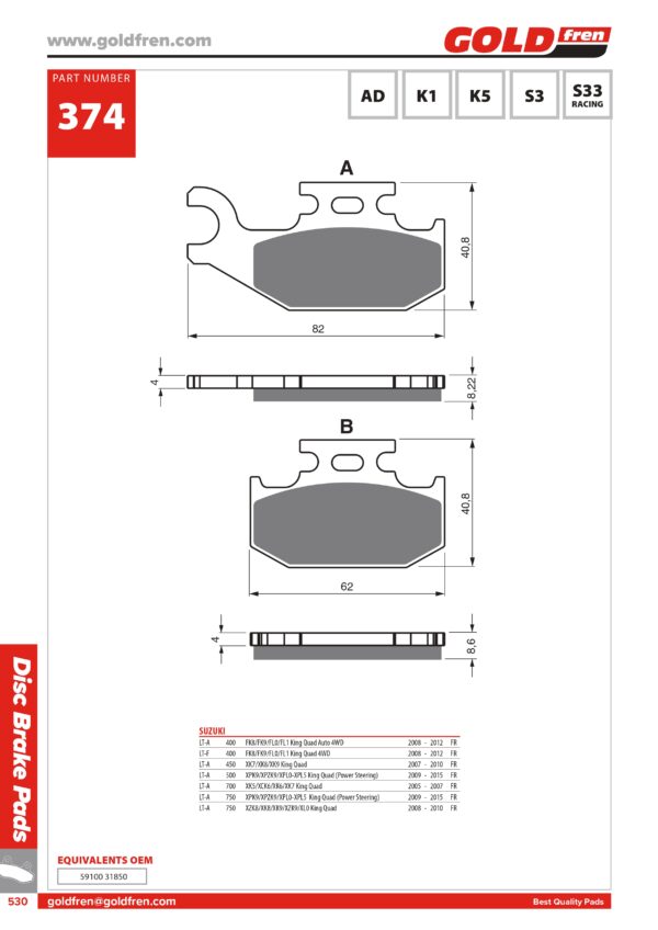 PASTIGLIE FRENI QUAD SUZUKI KING QUAD 4WD 400 450 500 700 750